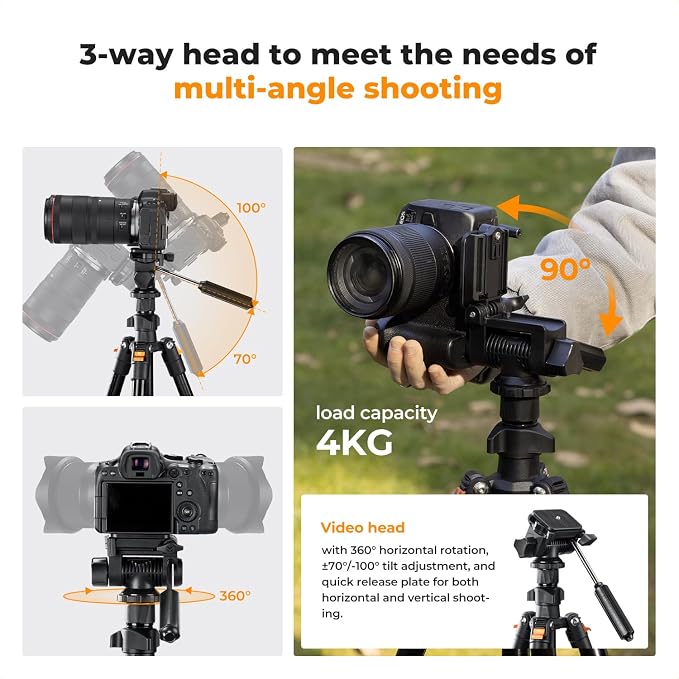 K&F CONCEPT Camera Tripod 76" for Travel, Video Tripod - Image 4