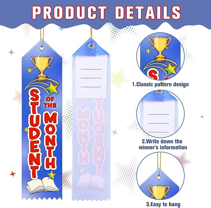 Wavwavw 200 Pcs Student of the Month Award Ribbons Bulk 8" x 2" Prizes Ribbons - Image 3
