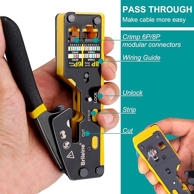 Brileine RJ45 Crimp Tool Pass Through Kit Ethernet Crimper Cat5 Cat5e Cat6 - Image 3
