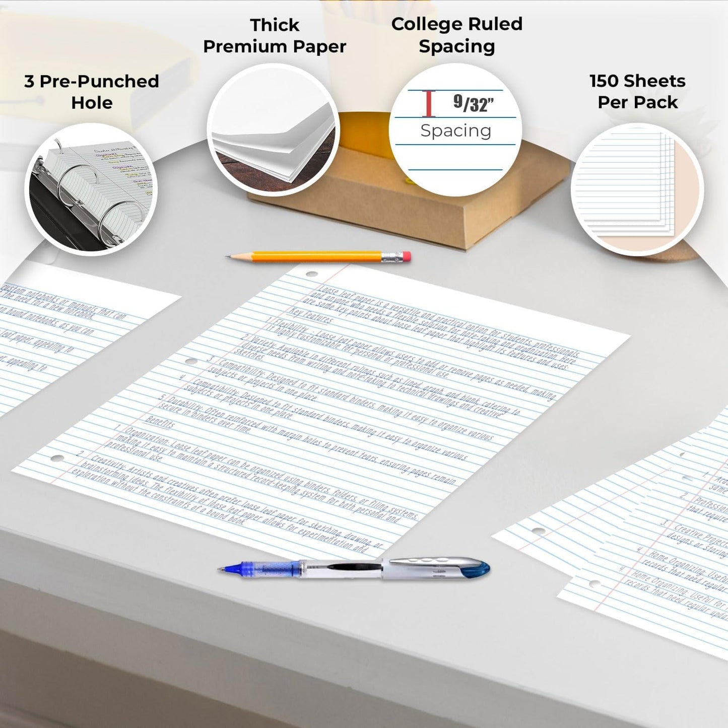 Loose Leaf Paper, 450 Sheets, 3 Pack, College Ruled Paper, 8" x 10.5", Bulk Office Filler Paper, 3 Hole Punched, 150 Sheets/Pack, 56 gsm Paper, College Ruled Notebook Paper for Binder, White