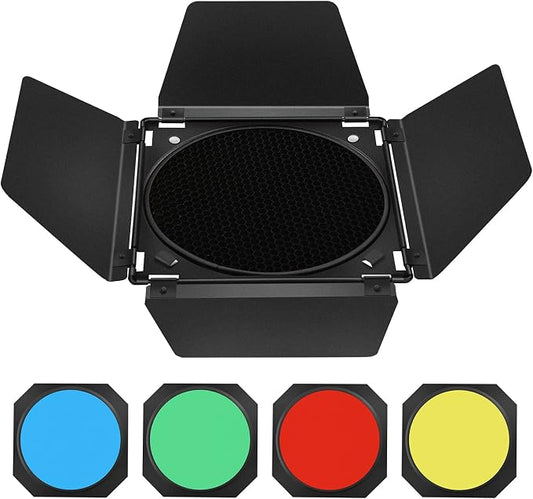 Godox BD-04 Barn Door & Honeycomb Grid &4 Color Gel Filters Compatible by GODOX