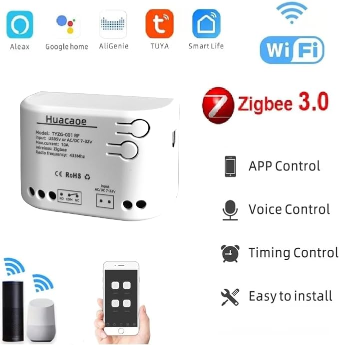 Smart Relay Module, Zigbee WiFi Wireless Garage Door Opener, 1CH DC 7-32V/USB - Image 2