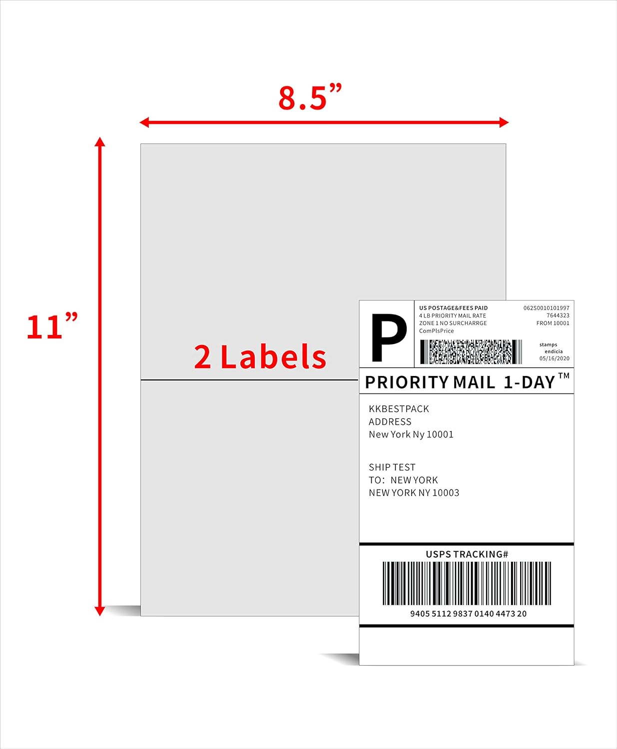 KKBESTPACK Half Sheet Shipping Labels for Laser and Inkjet Printers – 2 Per Page Self Adhesive Mailing Labels for Packages – White 8.5 x 5.5 Postage Labels for Shipping Boxes (1000 Labels) (KK2LP)