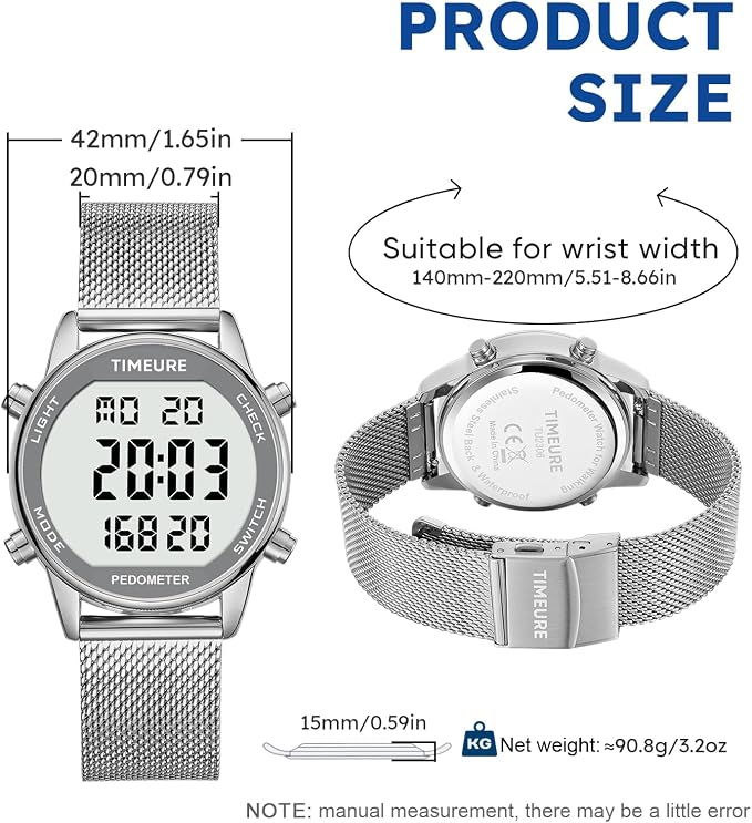 Men's Pedometer Watch with Stainless Steel Bracelet, Step Counter Watch No App - Image 7