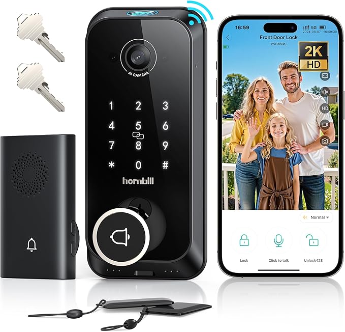 Video Smart Lock with Camera: 4-in-1 Ring+2K Camera+Doorbell+Fingerprint by hornbill
