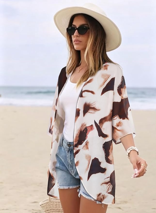 Women's Floral Print Puff Sleeve Kimono Cardigan Loose Cover Up Casual Blouse - Image 5
