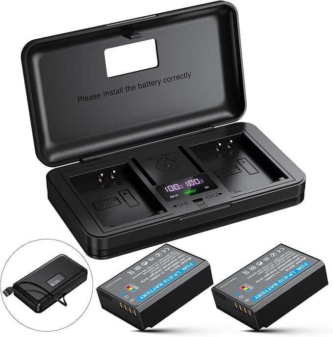 LP-E10 Battery 2-Pack 1600mAh and Digital Display Dual USB Charger by ZODELOW