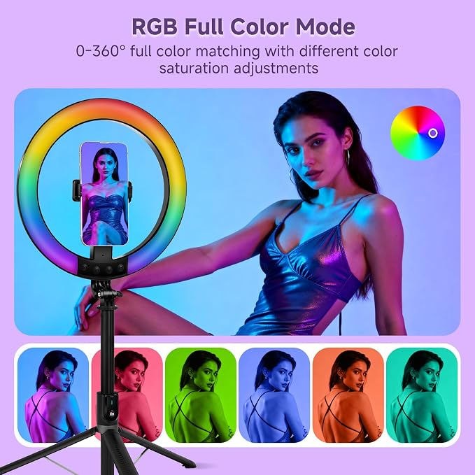 10" Ring Light with Stand 74'' Tall & Phone Holder, RGB Full Color Modes Selfie - Image 3