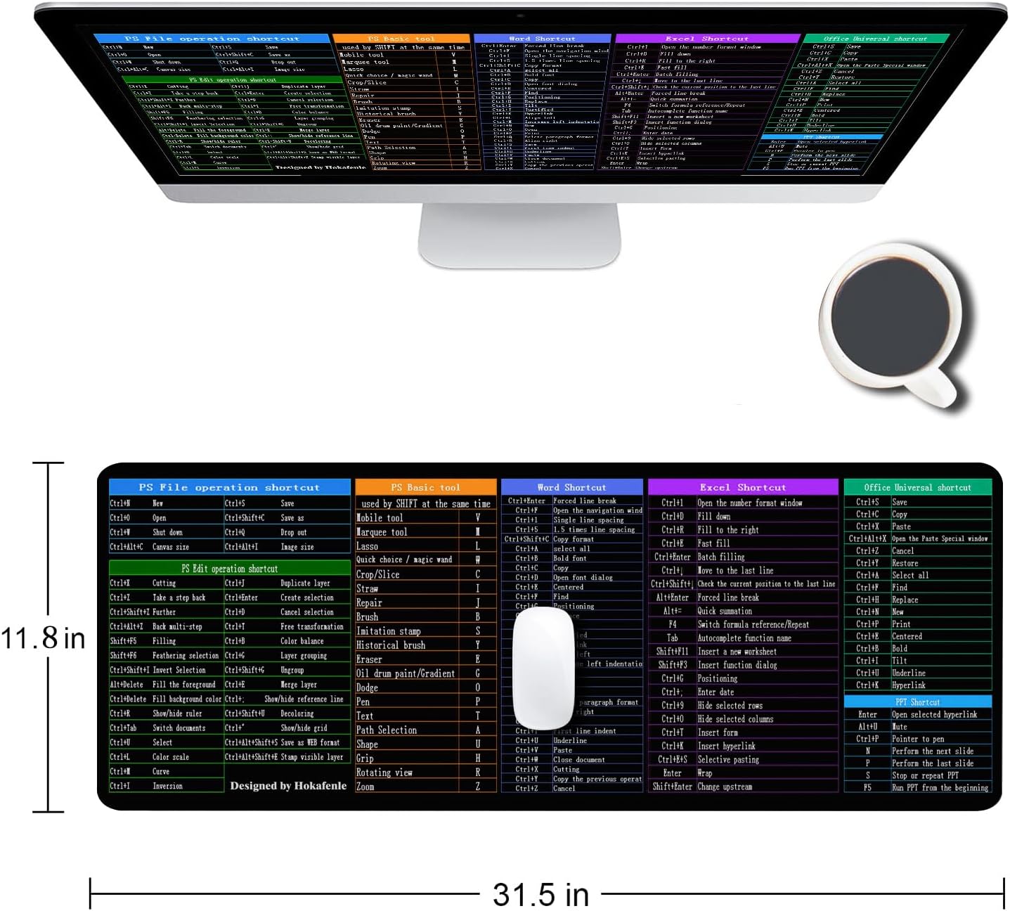 Hokafenle Large XL Mouse Pad, Excel Shortcut Keys Desk Keyboard Mouse Pads, PC Office Spreadsheet Mouse Mat, Non-Slip Stitched Edge Computer Mousepad