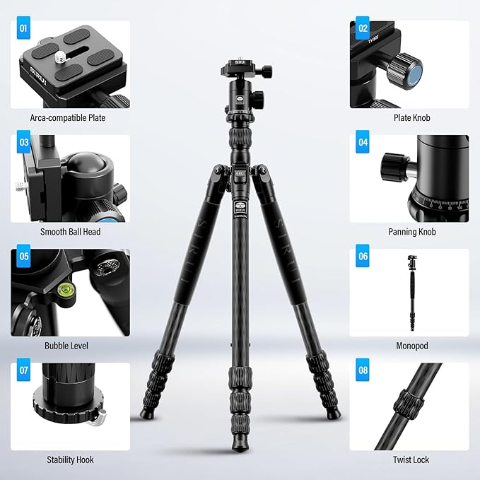 SIRUI Traveler 7C Camera Tripod 65.55 inches Carbon Fiber Arca Tripod - Image 2