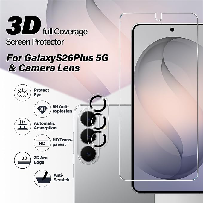 BIGFACE Galaxy S26 Plus Tempered Glass Screen Protector + Camera Lens Protector - Image 2