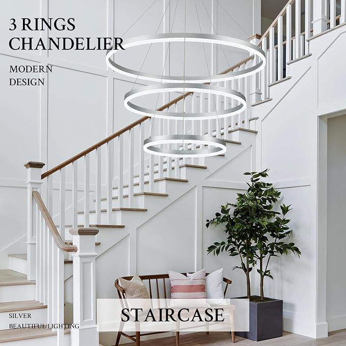 3-Rings Modern LED Chandelier Silver, Dimmable Pendant Lighting - Image 5