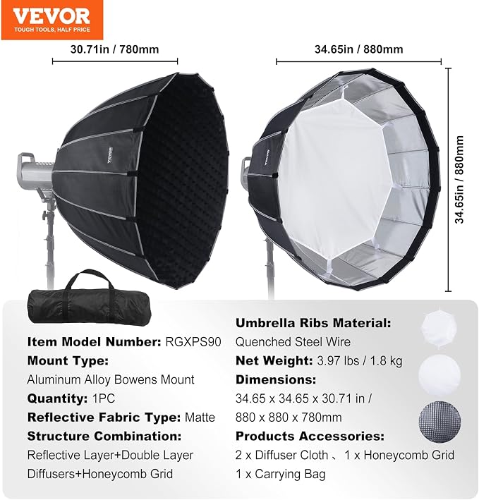 VEVOR Parabolic Softbox, 33 in / 850 mm, Quick Release and Quick Fold, - Image 7