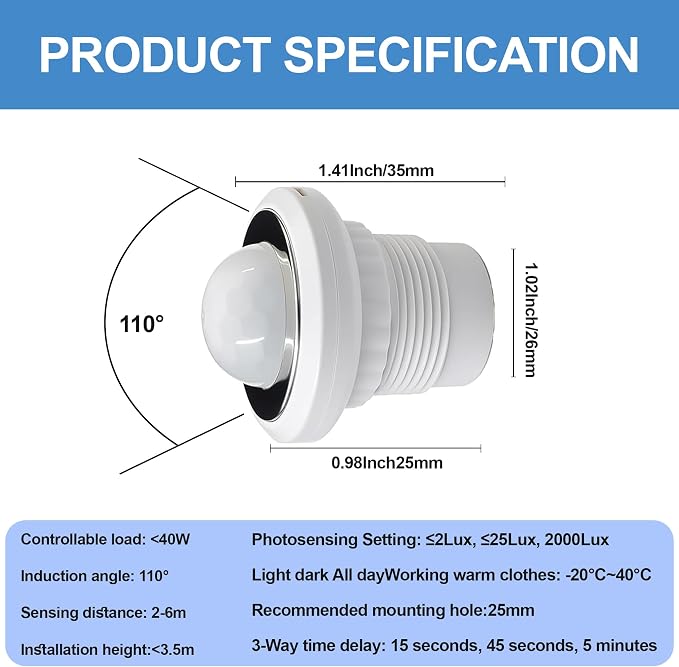 6 Pack PIR Motion Sensor Light Switch, AC 110-240V Adjustable LUX Light - Image 4