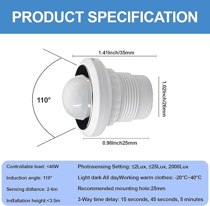 2 Pack PIR Motion Sensor Light Switch, AC 110-240V Adjustable LUX Light - Image 4