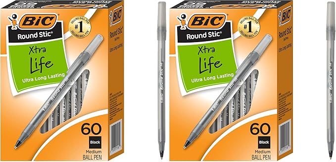 BIC Round Stic Xtra Life Ballpoint Pens, Medium Point, 60-Count Pack, Flexible by BIC
