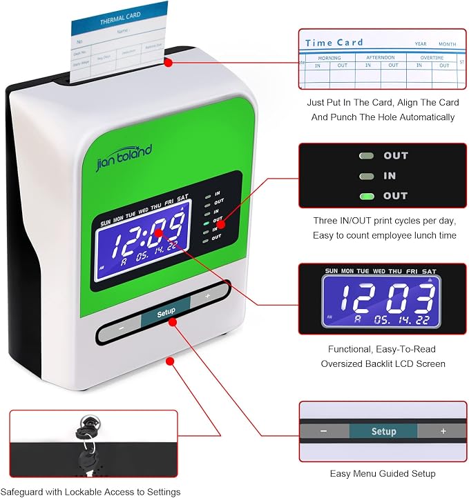 Employee Thermal Time Clock for Small Business | in/Out Punch Clock, No Ink - Image 2