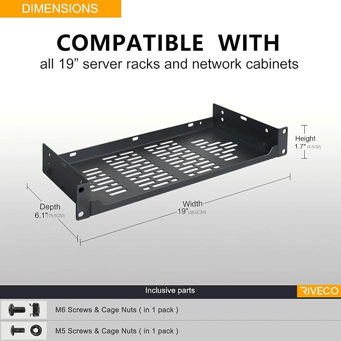 RIVECO 2 PCS 6” Rack Shelves for 19 inches Network Rack & Cabinets, 1U Rack - Image 5