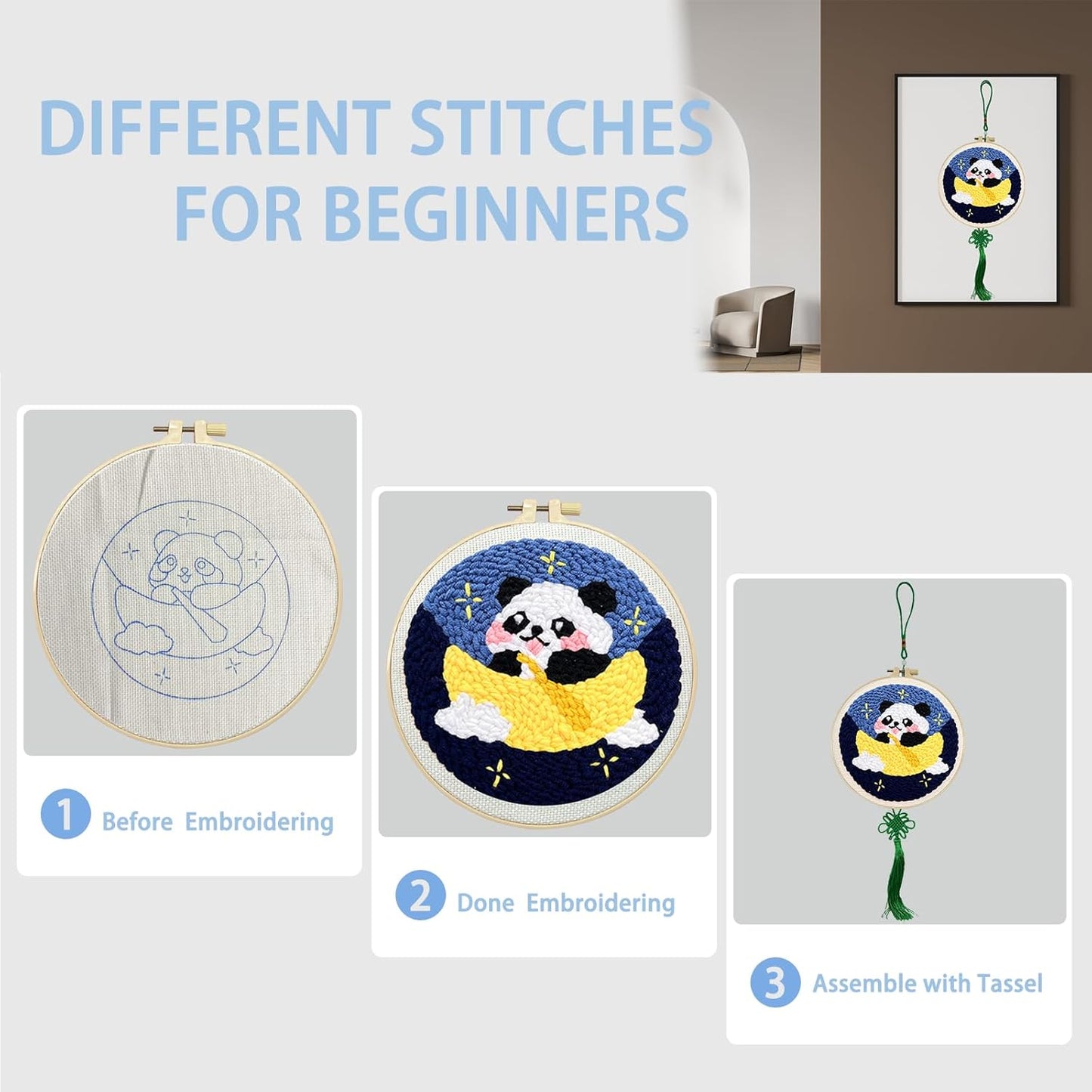 Danvk Panda Punch Embroidery Kit with Embroidery Fabric, Hoop,Scissor,Punch Needle and Yarns, Hand Craft Gift,DIY Embroidery Kits, Hand Punch Needle Kit for Women and Kids Beginners(Panda-Hanging)