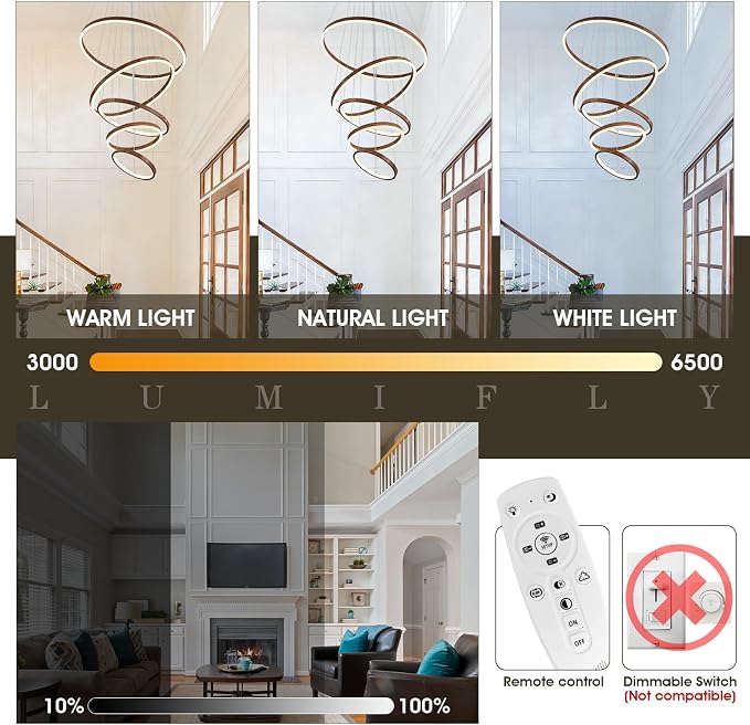 Modern LED Ring Chandelier 5-Light Chandelier Wood Grain Dimmable Round Foyer - Image 4