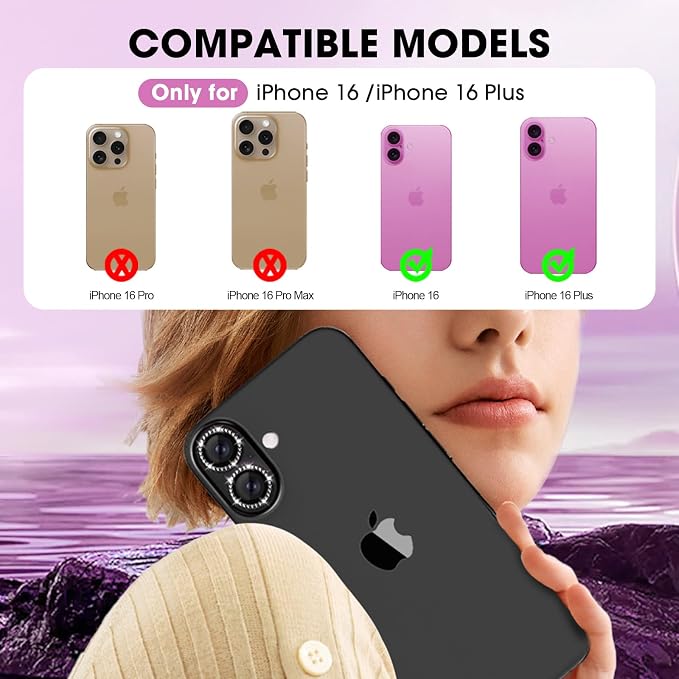 for iPhone 16/16 Plus Camera Lens Protector Bling Individual Metal Diamond Ring - Image 2