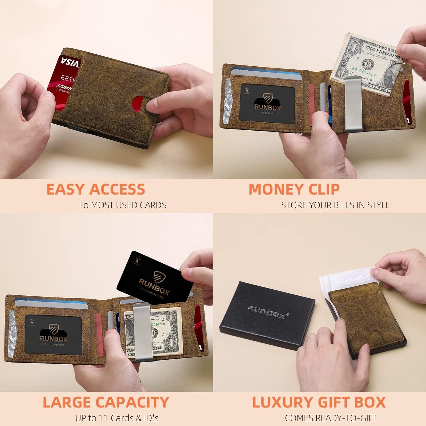 RUNBOX Slim Wallets for Men - Leather Money Clip Mens Wallet - RFID Blocking Front Pocket Bifold Wallet - Minimalist Credit Card Holder with Gift Box
