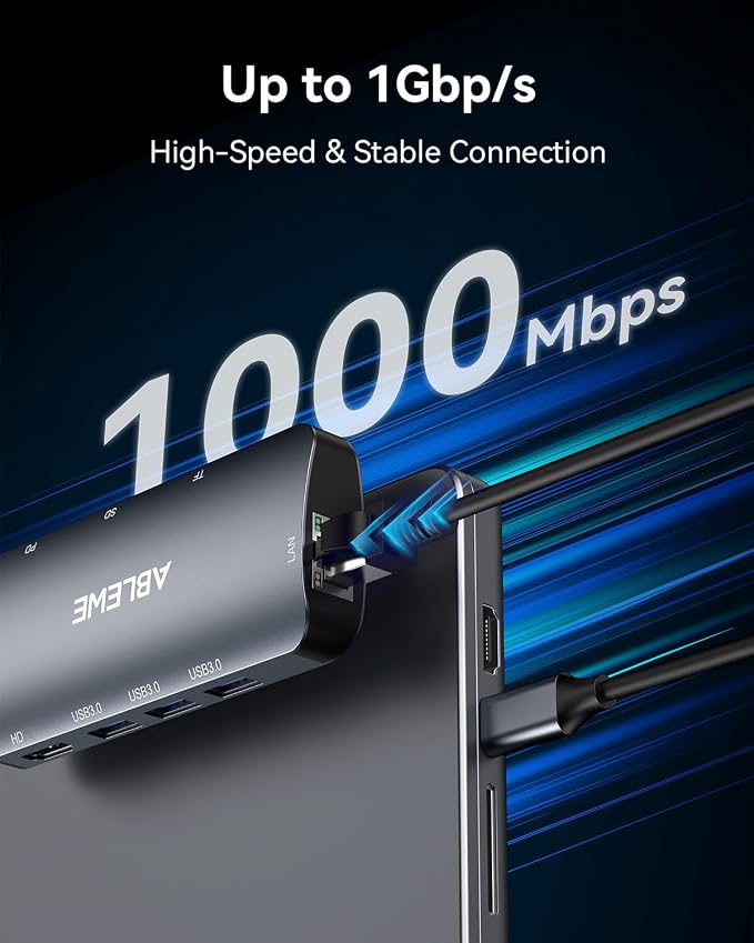 ABLEWE USB C Hub Ethernet, 8 in 1 4K@60Hz USBC Adapter, 100W PD, 3 USB 3.0 Ports - Image 7