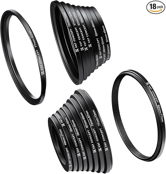 K&F CONCEPT 18 Pieces Filter Ring Adapter Set, Camera Lens Filter Metal by KFCONCEPT