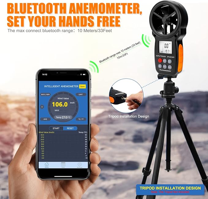 Digital Anemometer Bluetooth, Air Flow Velocity Meter Measuring Wind - Image 6