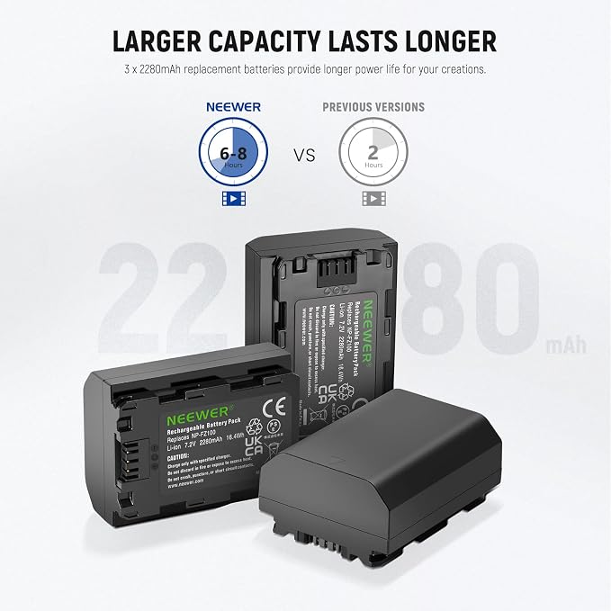 NEEWER NP-FZ100 Replacement Battery and Charger Set, 3 Pack 2280mAh NP-FZ100 - Image 7