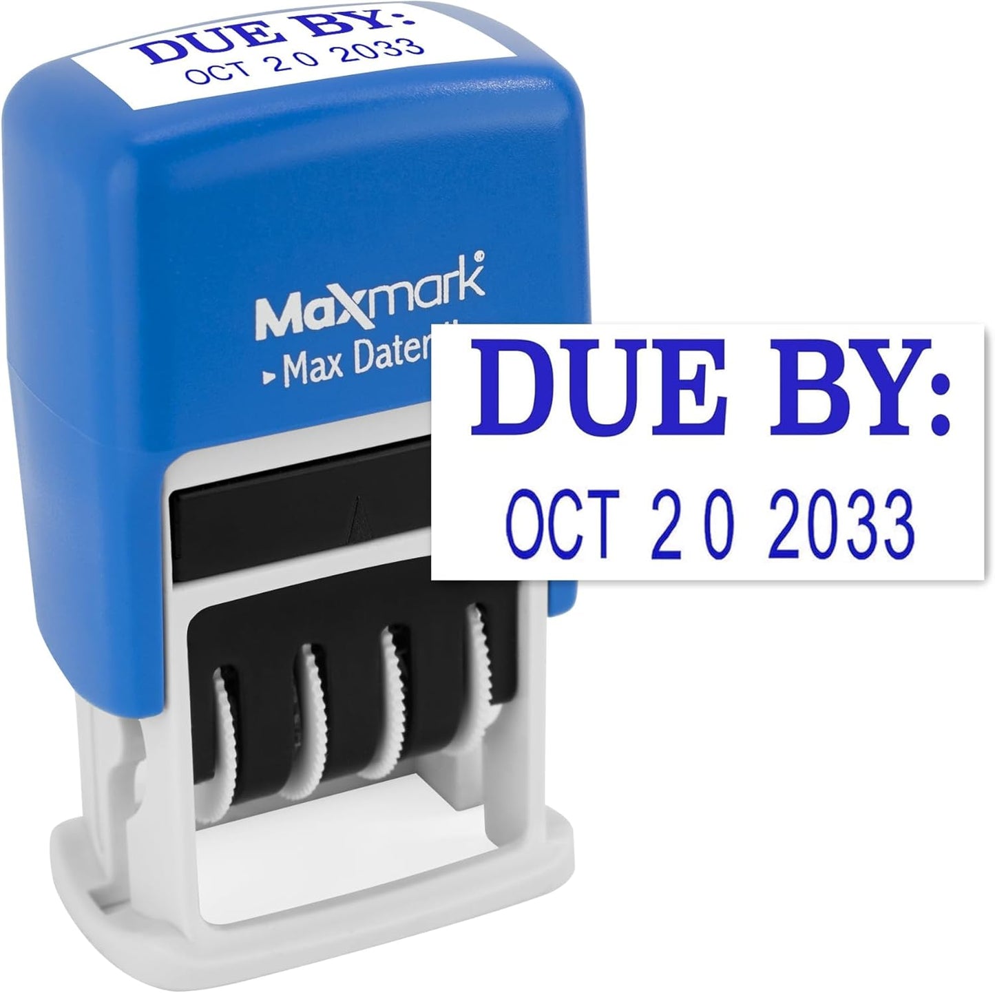 MaxMark Self-Inking Rubber Date Office Stamp with Due by Phrase & Date - Blue Ink (Max Dater II), 12-Year Band