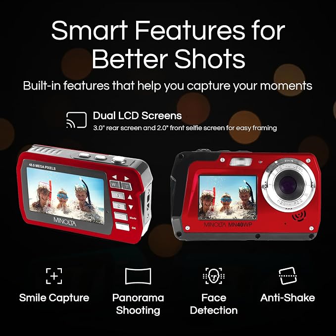 Minolta MN40WP 48MP Waterproof Digital Camera – Dual LCD Screens, 2.7K QHD Video - Image 3