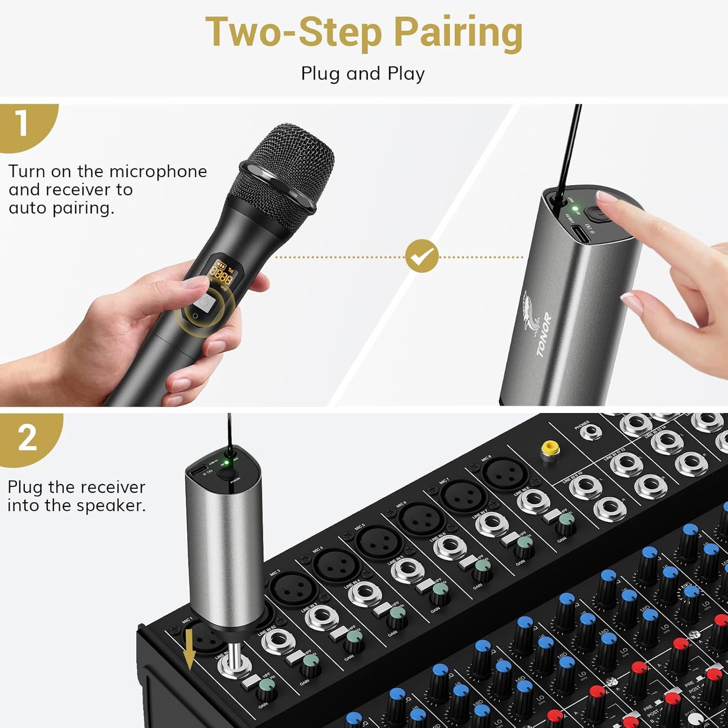 TONOR Wireless Microphone, UHF Dual Cordless Metal Dynamic Mic System with Rechargeable Receiver (Black)