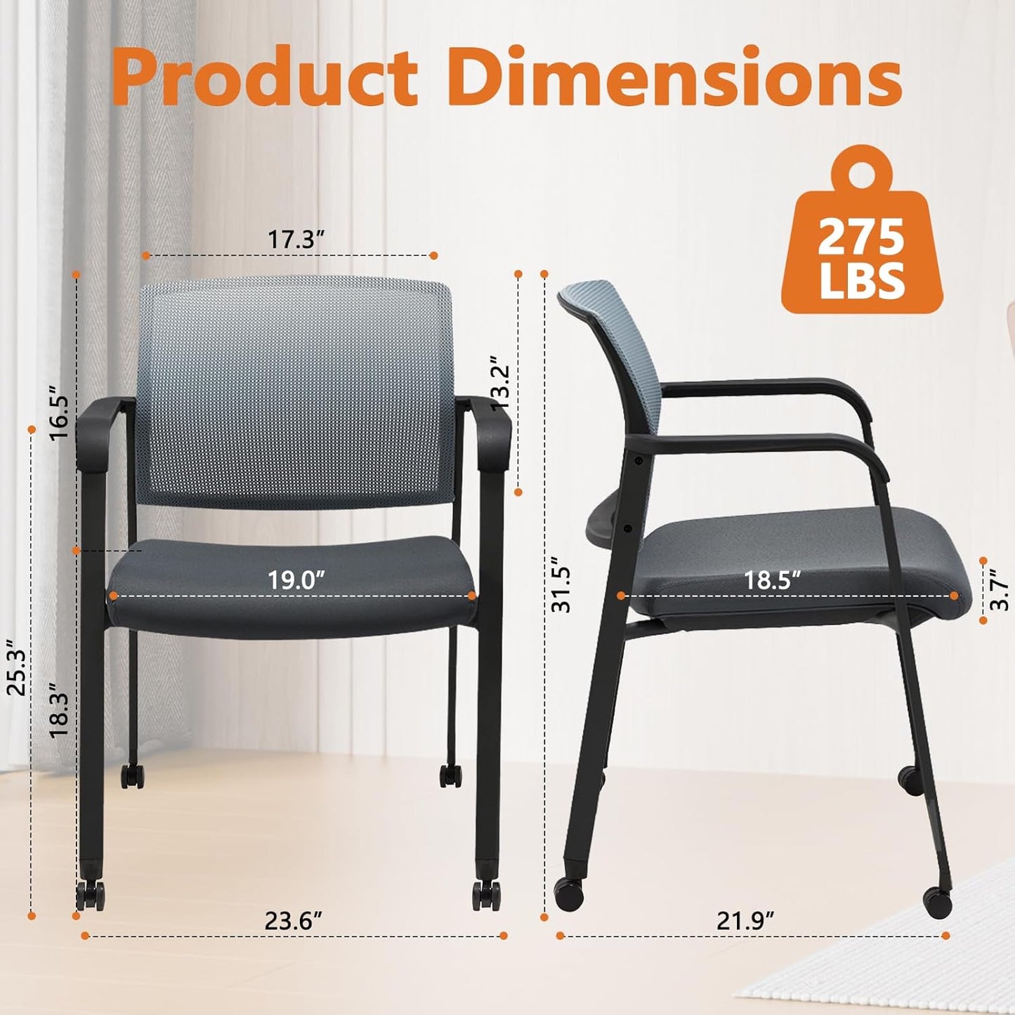 CLATINA Mesh Back Stacking Arm Chairs with Upholstered Fabric Seat and Ergonomic Lumbar Support for Office School Church Guest Reception (WithWheels Gray- 2 Pack)