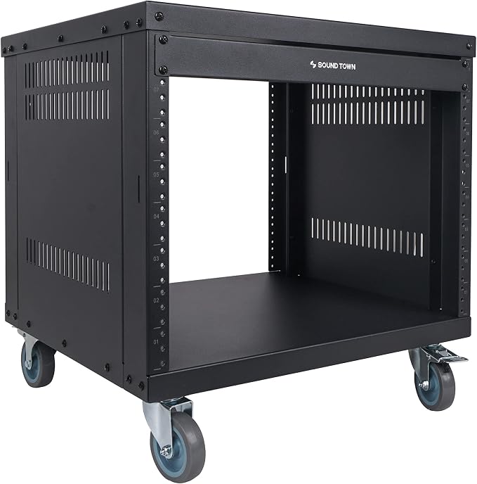 Sound Town 8U Universal Steel Rack, w/Mesh Doors, Locking Casters, Vented Side - Image 2