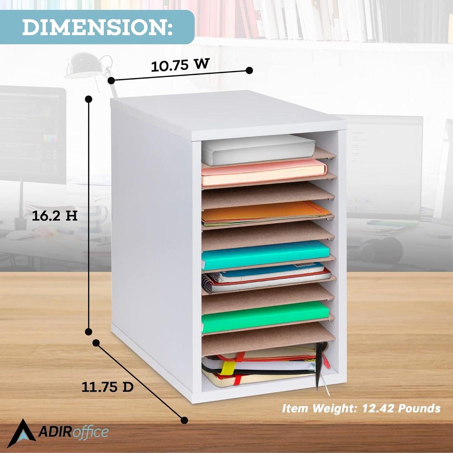 AdirOffice Classroom Mailbox - 11 Compartment Wooden Mail Organizer, Construction Paper Storage, Vertical Desktop Sorter with Slots, Mailboxes With Removable Shelves (11 Slot, White)
