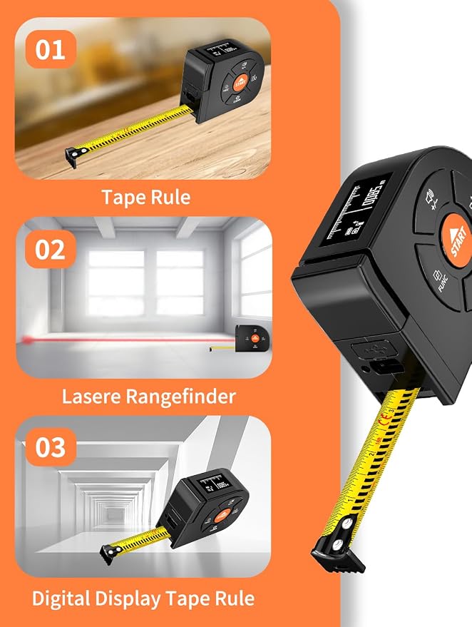 Laser Tape Measure 3-in-1, 196ft/60m Laser Distance Meter, 16ft/5m Digital Tape - Image 6