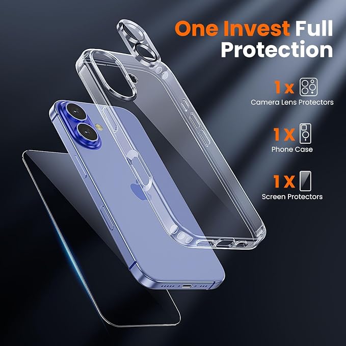 toushion 3 in 1 for iPhone 16 Case Clear, Screen Protector *1 & Camera Lens - Image 3