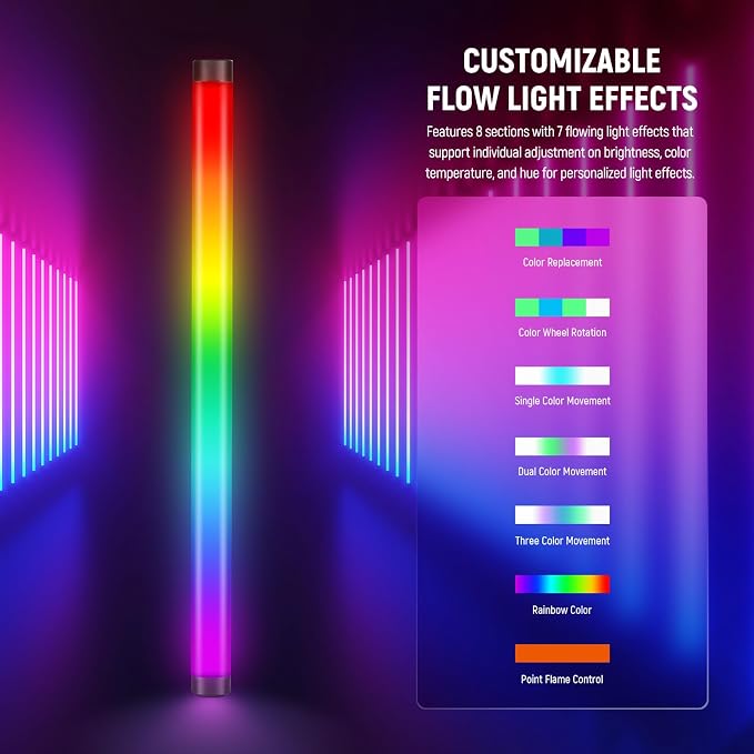 NEEWER TL60 RGB Tube Light, 20W Full Color LED Video Wand, APP/2.4G/DMX Control - Image 2