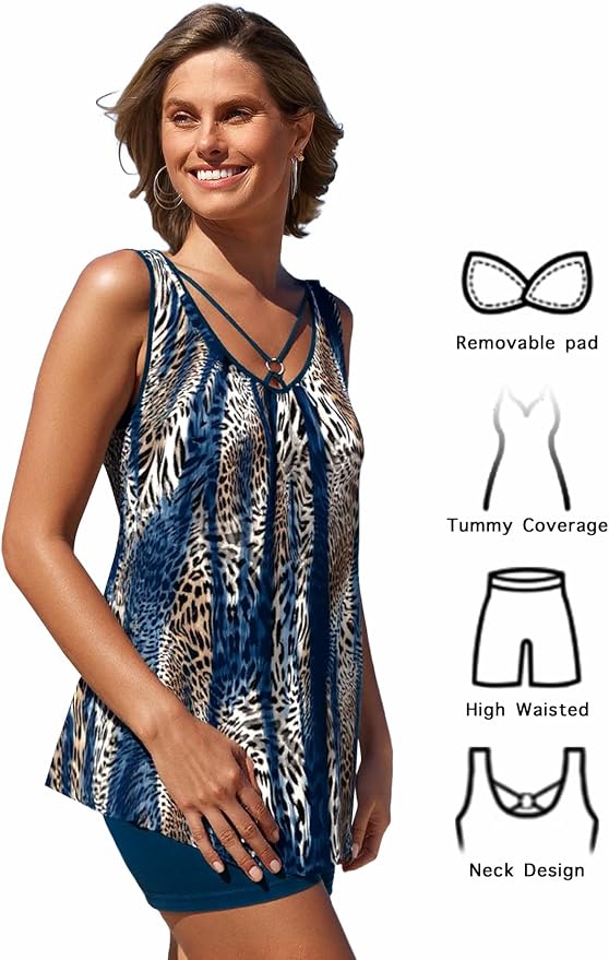 MODLILY Tummy Control Womens Tankini Swimsuits, Two Piece Metal Ring Bathing - Image 6