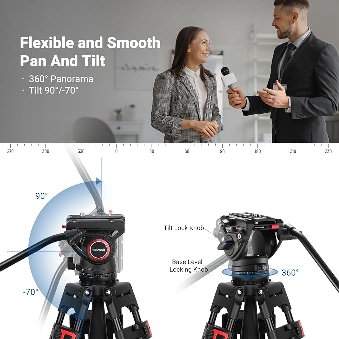NEEWER 74" Video Tripod with Fluid Head, QR Plate, Aluminum Heavy Duty Camera - Image 3