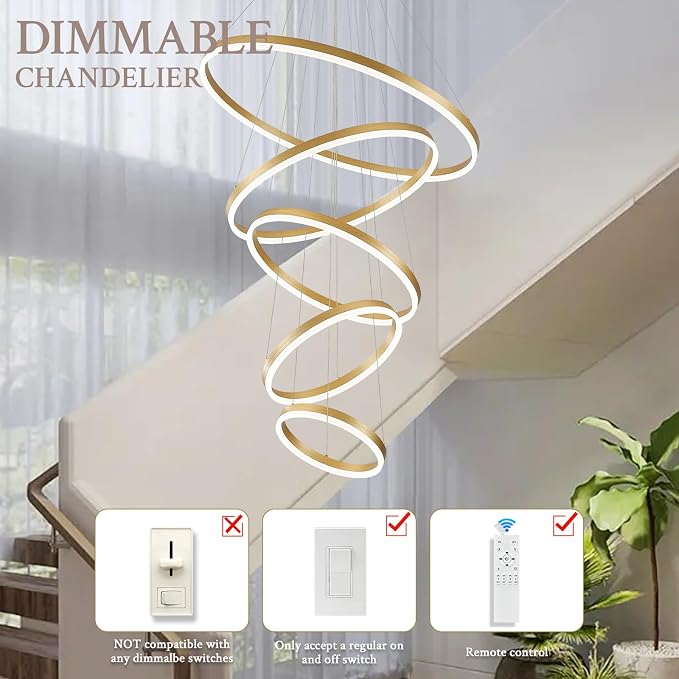 5-Rings D31.5in Modern LED Chandelier Gold Dimmable High Ceiling Chandeliers - Image 7