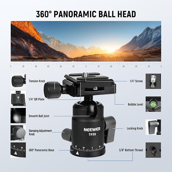 NEEWER Carbon Fiber Camera Tripod Monopod, 360° Ball Head, Anti Slip QR Plate - Image 5