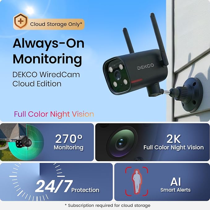 DEKCO Wired 2K Security Camera Outdoor, 180° Pan & 270° Coverage, 24/7 Constant - Image 2