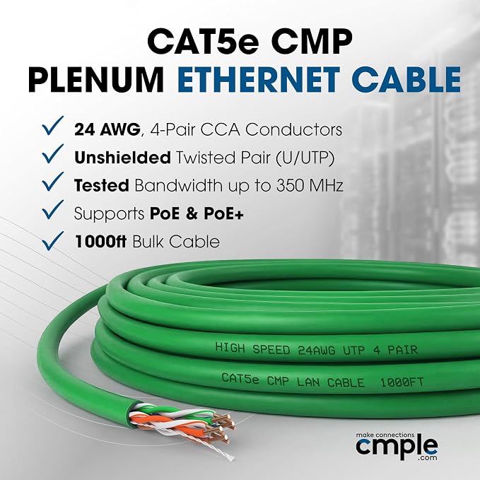 Cmple - Cat5e Plenum Cable 1000ft, 350MHz Gigabit Ethernet Solid Network - Image 2