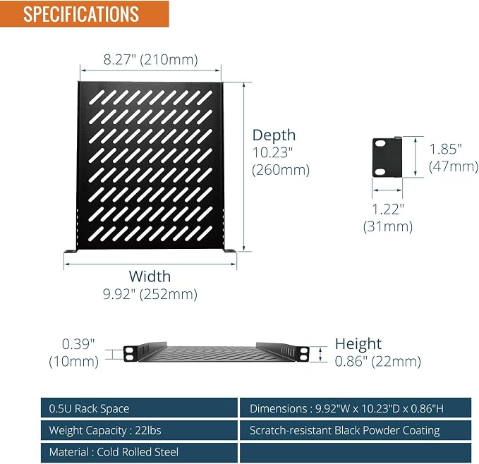 Tecmojo 0.5U Rack Mount Shelf for 10" Server Rack, 10.23" Deep Vented - Image 4