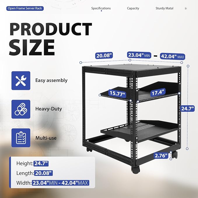 12U Open Frame Server Rack for IT & AV Gear 23-40 in Adjustable Depth Wall - Image 3