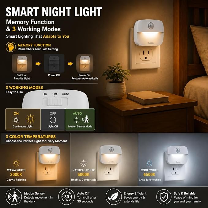 Sossi Motion Sensor Night Light Plug in 4 Pack, 10-60Lm Stepless Dimming - Image 3
