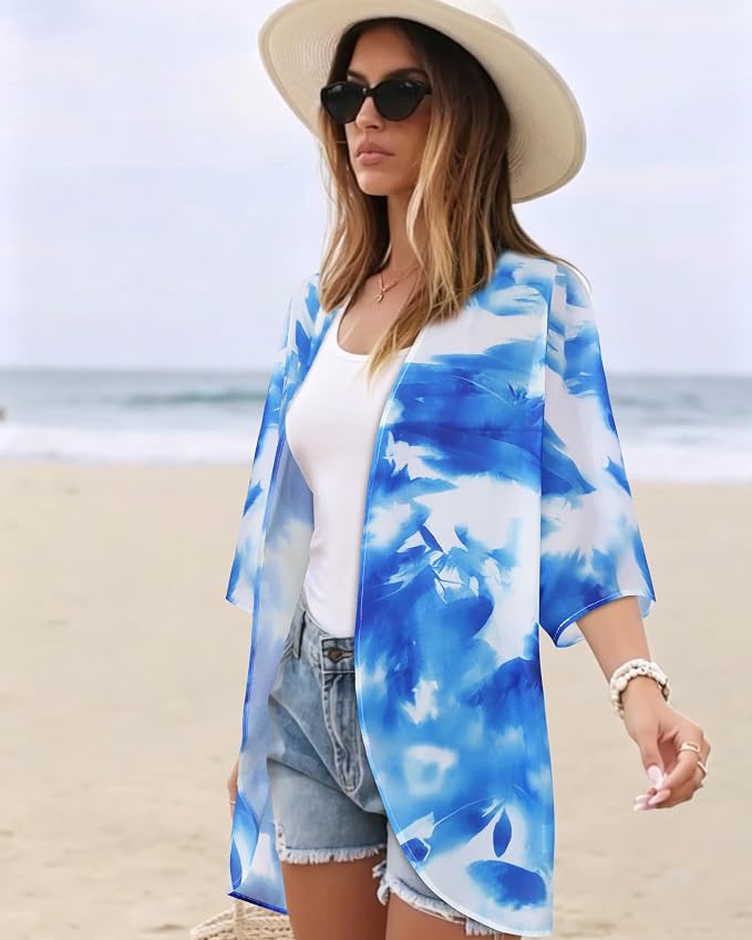 Women's Floral Print Puff Sleeve Kimono Cardigan Loose Cover Up Casual Blouse - Image 5