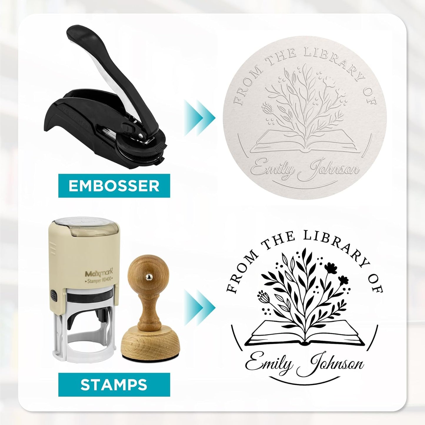 Custom Library Embosser - Style 107 - Embosser, Wood Stamp or Self Inking Stamp - Book Embosser Includes 50 Gold Seals - Custom Stamp Seal from The Library of